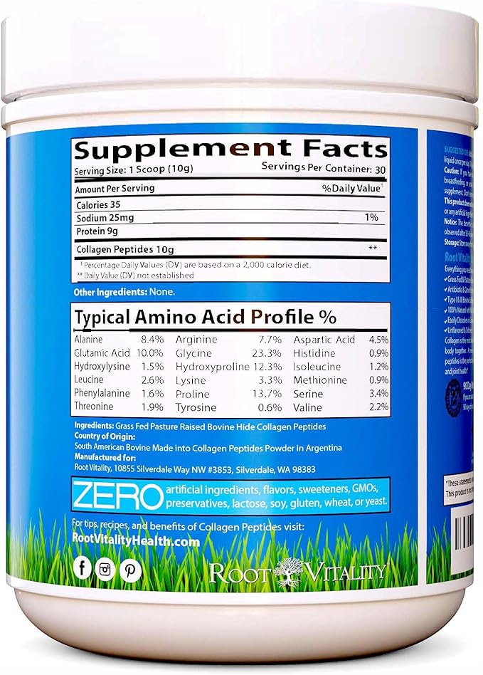 Collagen Peptides Powder - Grass-Fed, Pasture-Raised Hydrolyzed Protein Supplement for Skin, Hair, & Nails - Non-GMO, Zero Sugar Daily Supplement for Men & Women (30 Servings)