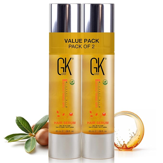 GK HAIR Global Keratin 100% Organic Argan Oil Anti Frizz Hair Serum Pack of 2 (1.69 Fl Oz/50ml) Styling Smoothing Strengthening Hydrating & Nourishing Heat Protection Shine For Frizzy Dry Damaged Hair