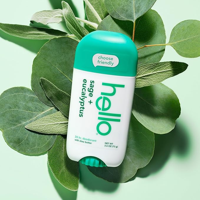 hello Sage and Eucalyptus Aluminum Free Deodorant for Women and Men with Shea Butter, 24-Hour Freshness, Baking Soda Free Deodorant, Dermatologically Tested, 2.6 oz Stick (2 Pack)
