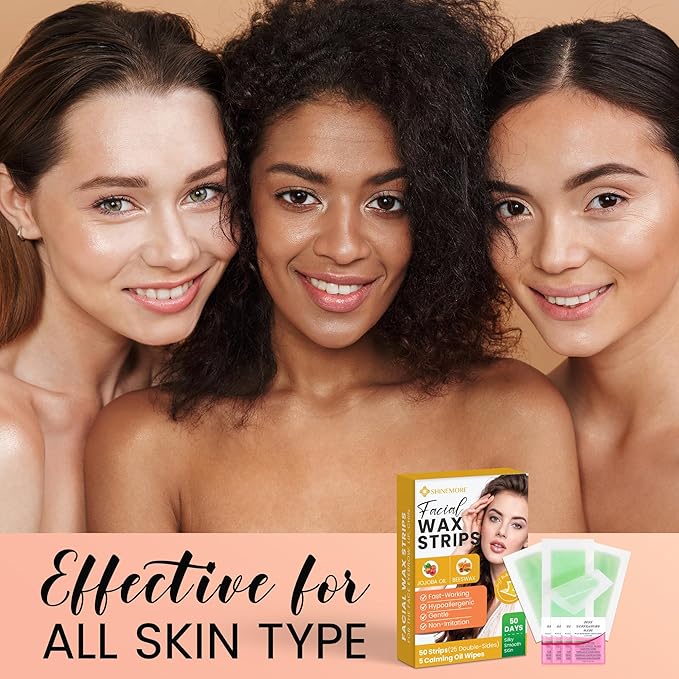 Facial Wax Strips for Hair Removal: Fast Working and Gentle for Face, Eyebrow, Upper Lip, Chin - Hypoallergenic for All Skin Types 50 Waxing Strips with 5 Wipes