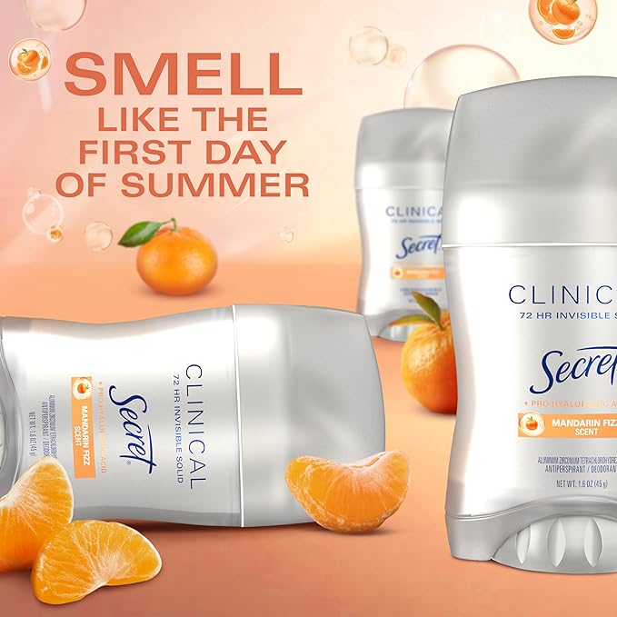Secret Clinical Strength Antiperspirant Deodorant for Women, 3X Stress Protection, 72hr Sweat & Odor Protection, Pro-Hyaluronic Acid, Invisible Solid, Mandarin Summer Fizz Scent, 1.6 oz