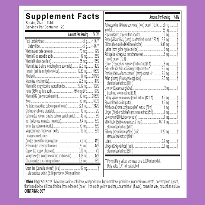 Swisse Daily Multivitamin for Women | 47 Vitamins, Antioxidants and Minerals + Adaptogens | Energy, Stress & Immune Support | Womens Multivitamin Supplement | 120 Tablets / 4 Months Supply