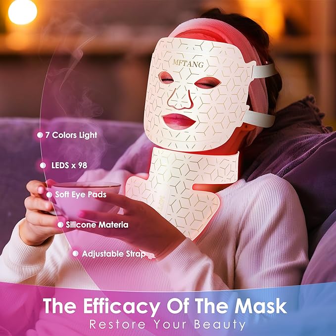 Red Light Therapy for Face and Neck, 7 Colors Led Light Therapy Silicone Facial Mask - Birthday, Christmas, Mothers Day, Valentines Day, Self Care Gifts for Her Women Mom Best Friend Wife (Pink)