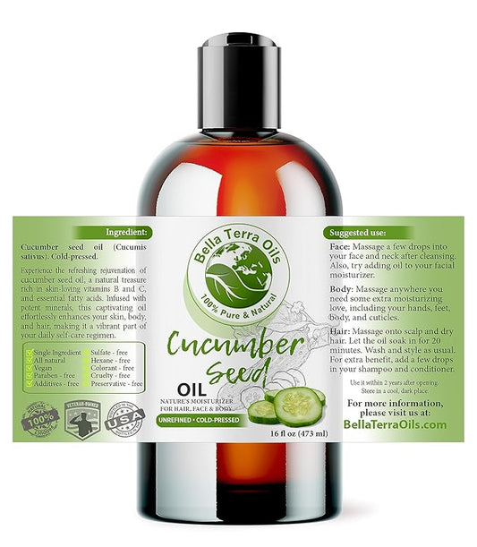 Bella Terra Oils - Cucumber Seed Oil 16oz - A Tribute to Cucumber's Vitality, Packed with Silica & Tocopherols, An Essential for Radiant Skin