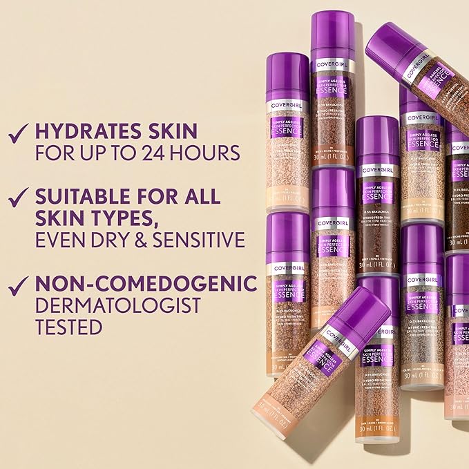 CoverGirl Simply Ageless 65 Tan-Rich Liquid Foundation Bundle with Blending Brush, Lightweight Vegan Formula for Dry Skin, 1oz