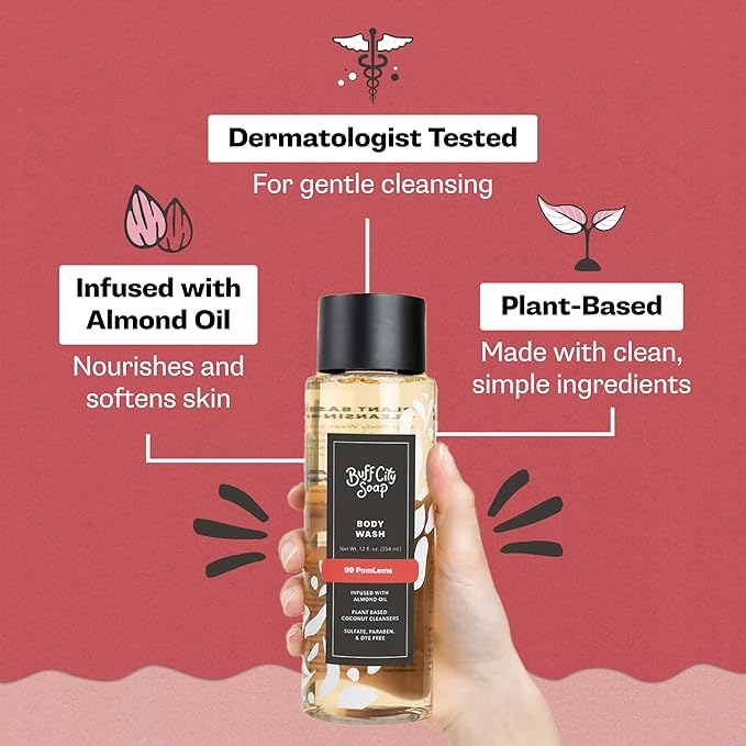 Buff City Soap Plant-Based Body Wash - Coconut Cleansers & Almond Oil Infused. Gentle & Rich Non-Drying Lather, Helps Reduce Moisture Loss & Supports Natural Skin Barrier - 99 Pomlems, 12 fl oz