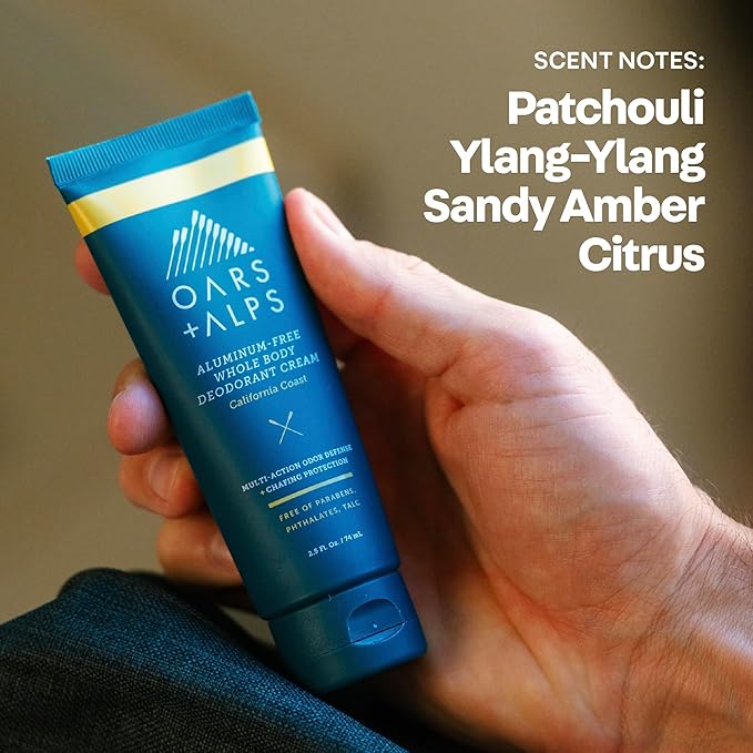 Oars + Alps Whole Body Deodorant for Men & Women, Aluminum Free & Deodorant with Ylang Ylang, Citrus, Patchouli, Multi-Action Odor Defense, Long Lasting, Anti-Chafe, California Coast, 2.5oz