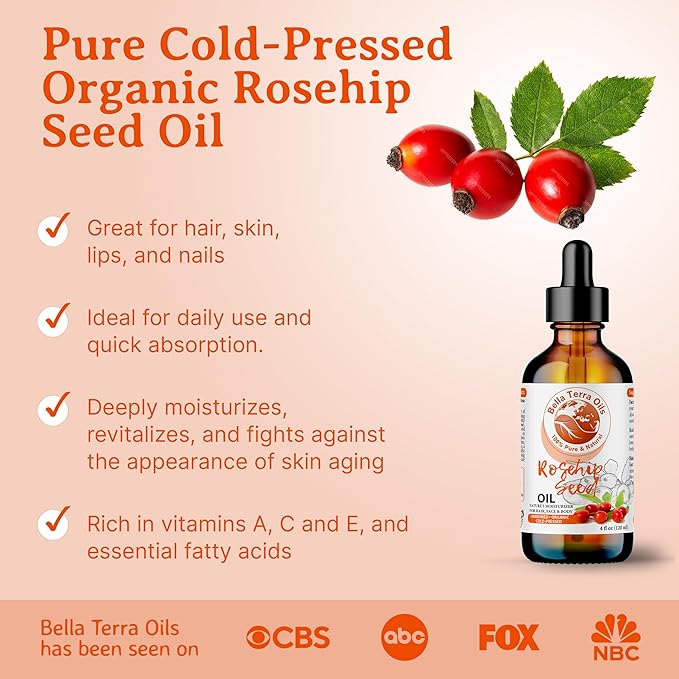Bella Terra Oils Organic Rosehip Oil for Face, Pure Cold-Pressed Rose Hip Seed Oil for Skin & Hair, Natural Moisturizer & Anti-Aging Facial Oil 16oz