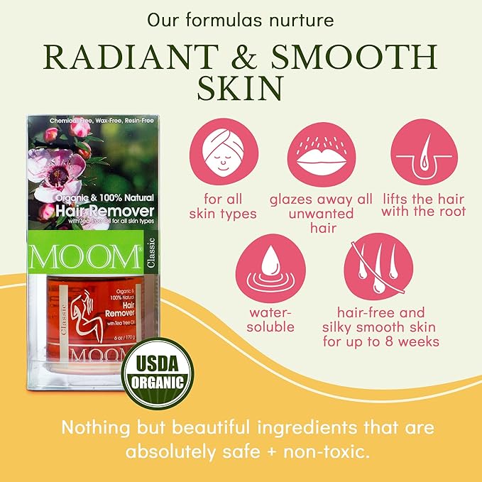 MOOM - Organic Sugar Wax Hair Removal Kit for Underarm, Face & Bikini, Infused with Tea Tree Oil, Includes Wax Strips & Sticks, Ideal for Sensitive Skin - 6 oz