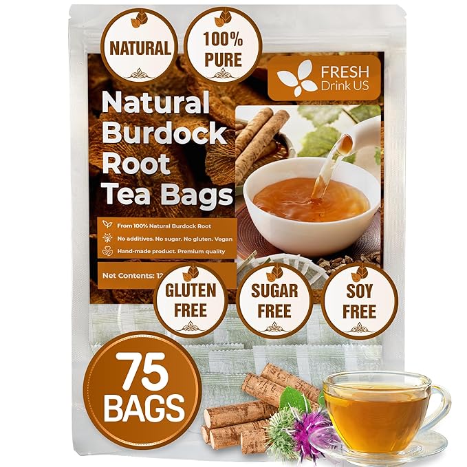 FreshDrinkUS Premium Burdock Root Tea Bags, 100% Natural & Pure. Burdock Herbal Tea, Made with Natural Material Tea Bags. No Sugar, No Caffeine, No Gluten, Vegan