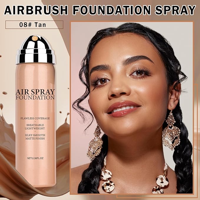 Airbrush Foundation Makeup Spray Full Coverage Foundation for Mature Skin,Long-lasting Airbrush Flawless Setting Spray,Waterproof Foundation for Smooth Radiant Skin (08 Tan)