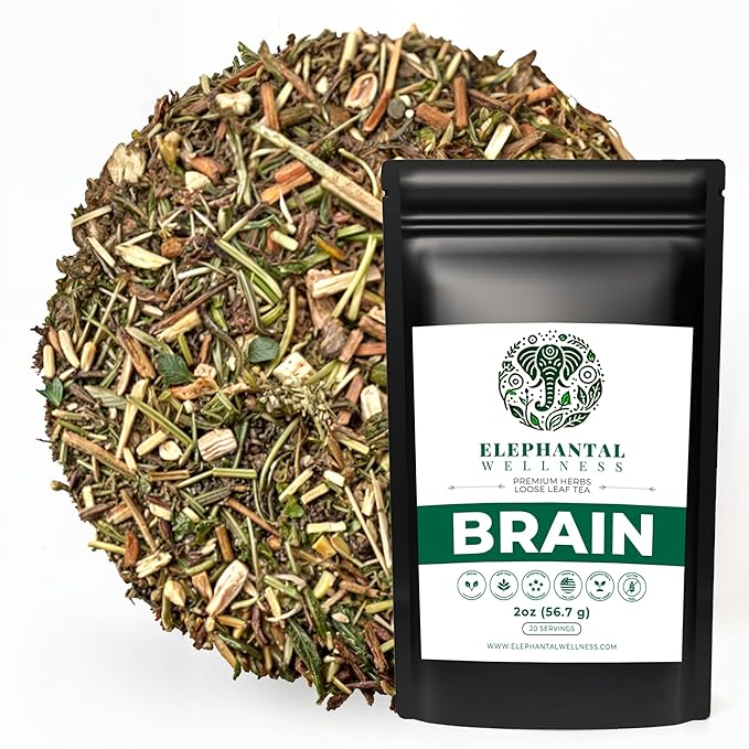 Elephantal Wellness Premium Brain Herbal Tea | Nootropic Focus & Mental Clarity with Ginkgo, Bacopa, Gotu Kola & Rosemary | Non-GMO, Caffeine-Free Coffee Alternative, Handmade Loose Leaf Blend, 2oz Loose Leaf, 20 Servings