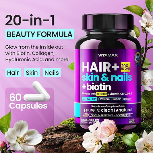 Biotin | Collagen | Keratin Booster with Hyaluronic Acid - Thicker Hair Growth, Healthy Skin & Stronger Nails Supplement – Extra Strength - Multi Vitamin B Complex - Women & Men - Made in USA - 60ct