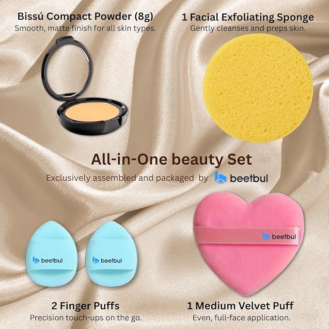 Beetbul Makeup & Exfoliation Kit - Bissú Compact Powder + 1 Medium Velvet Puff + 2 Finger Puffs + 1 Facial Exfoliating Sponge (02 Fresco, One Size)