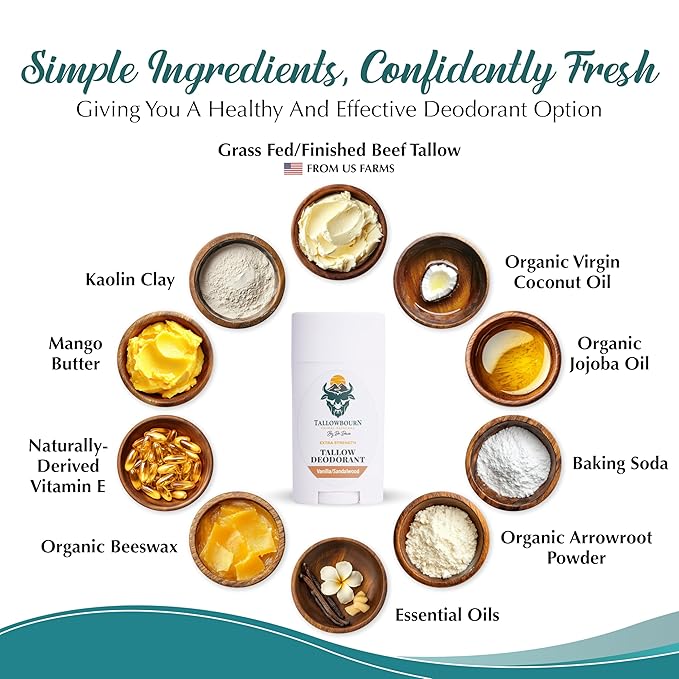 Extra Strength Tallow Deodorant - Aluminum-Free - Baking Soda, Beeswax, Coconut Oil, and Mango Butter - Vanilla and Sandalwood Deodorant for Men and Women - 3 oz