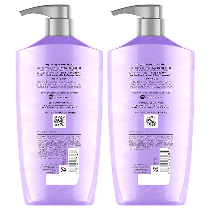 L'Oreal Paris Elvive Hyaluron Plump Shampoo and Conditioner Set for Dehydrated, Dry Hair with Hyaluronic Acid Care Complex, 1 Kit (2 Products)