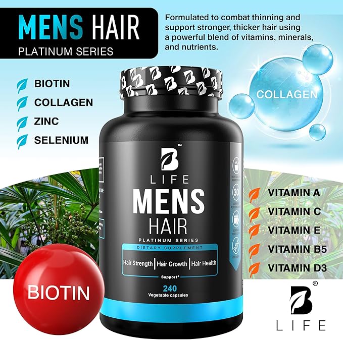 Men’s Hair Growth Supplement – Biotin & Collagen Hair Vitamins for Men – Thicker, Fuller Hair, Nail & Scalp Support – Hair Loss Supplement with Zinc, Selenium & Vitamins A C D E – 240 Capsules
