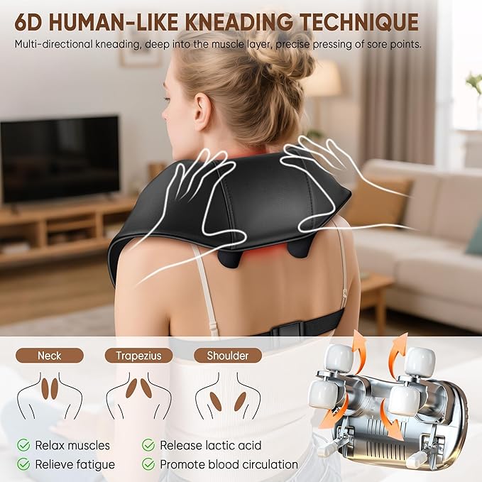 Shiatsu Neck and Back Massager, Shoulder Massager for Pain Relief Deep Tissue, Cordless 4D Deep Tissue Kneading Massage Pillow with Heat for Neck, Back, Legs, Massager Gifts for Men Women