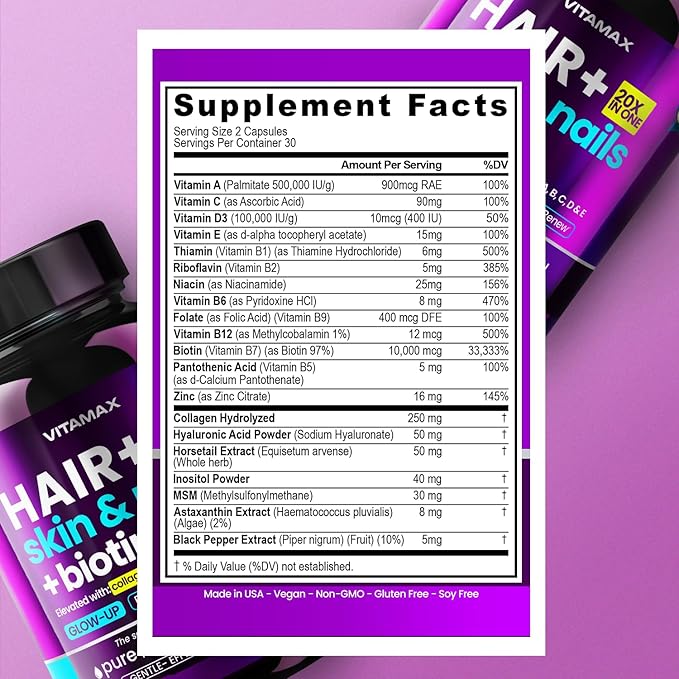 Biotin | Collagen | Keratin Booster with Hyaluronic Acid - Thicker Hair Growth, Healthy Skin & Stronger Nails Supplement – Extra Strength - Multi Vitamin B Complex - Women & Men - Made in USA - 60ct