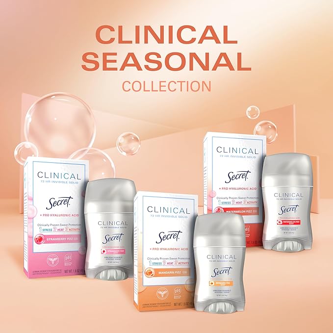 Secret Clinical Strength Antiperspirant Deodorant for Women, 3X Stress Protection, 72hr Sweat & Odor Protection, Pro-Hyaluronic Acid, Invisible Solid, Mandarin Summer Fizz Scent, 1.6 oz