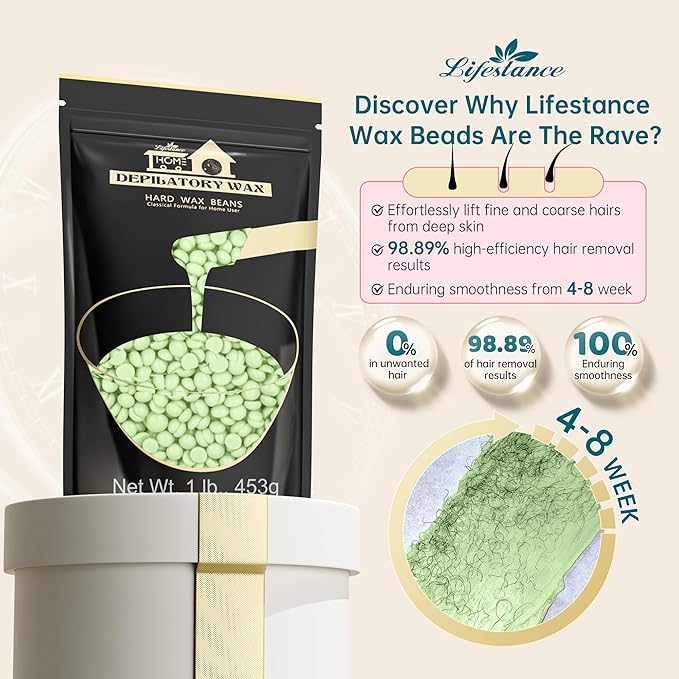 Lifestance Tea Tree Waxing Beads, 1LB Coarse Hair Removal Wax Beans for Face, Eyebrow, Brazilian Bikini, Sensitive Skin at Home for Women and Men