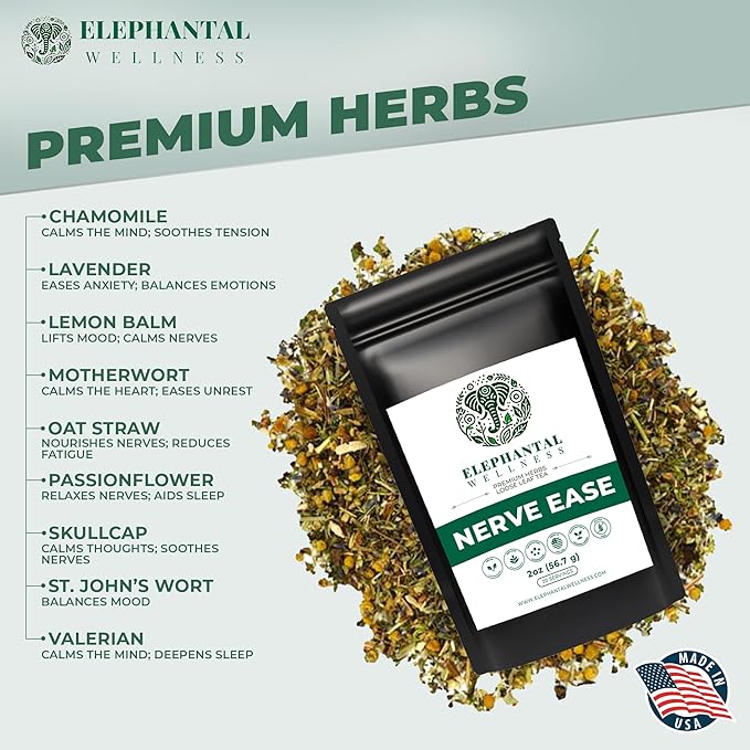 Elephantal Wellness Nerve Ease Herbal Tea | Calming Nervous System Support with Chamomile Tea, Passionflower, Lemon Balm Tea, Valerian & St. John’s Wort | Loose Leaf, Caffeine-Free, 2oz, 20 Servings