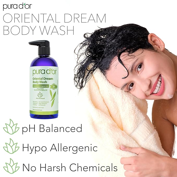 PURA D'OR 16 Oz Oriental Dream Body Wash – Invigorating Lemongrass Scent – Aloe Vera Based, Infused with Tea Tree & Eucalyptus Oils – pH Balanced, Sulfate-Free, Hypoallergenic, Vegan – For Men & Women