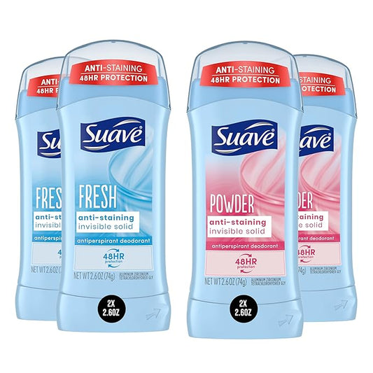 Suave Deodorant Women, Antiperspirant, Powder and Fresh Bundle, 48-Hour Odor & Wetness Protection, with Essential Oils, anti-staining, no baking soda Bundle 4 x 2.6 oz