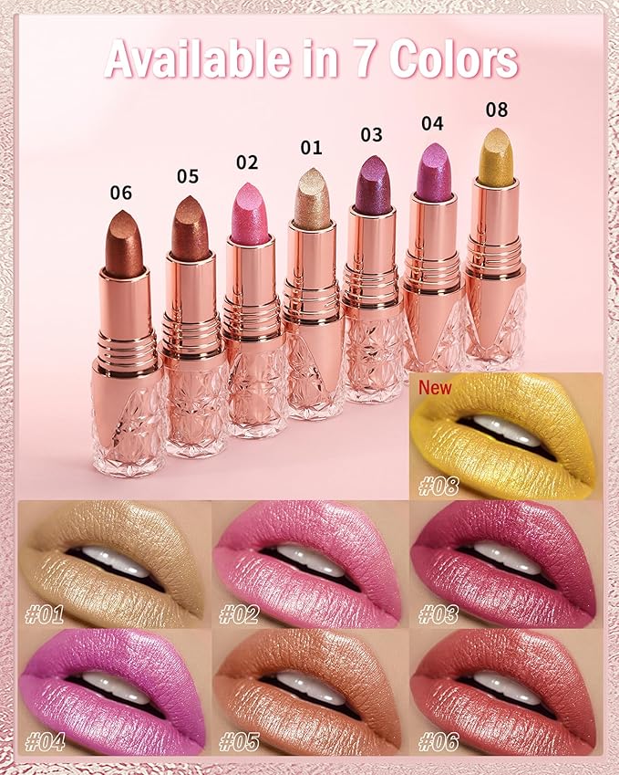 Glitter Metallic Shimmer Red Lipstick Long Lasting,Diamond High Pigmented Pink Metallic Matte Liquid Lipstick Non-Stick Nude Lip Gloss,Transfer Proof Lip Color Lip Stick Makeup for Women-03