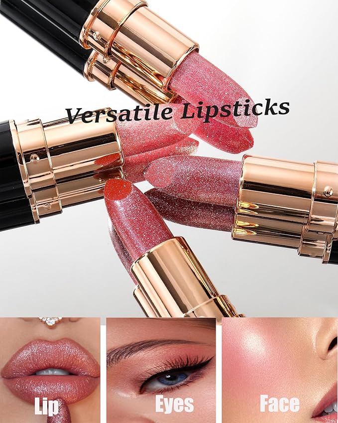 Brown Red Metallic Glitter Lipstick Long Lasting, Diamond Nude Shimmer Lip Gloss High Pigmented Matte Lip Stick for Women, Sparkling Shiny Transfer Proof Non Stick Tinted Lip Color Balm Makeup-04