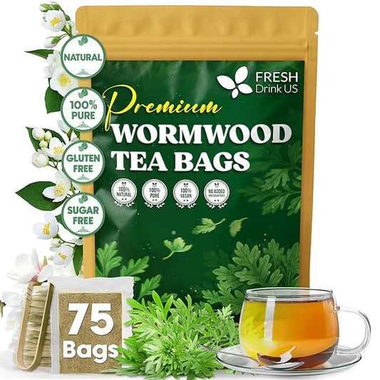 FreshDrinkUS, Premium Wormwood Tea - 75 Tea Bags - Handcrafted Herbal Blend, Caffeine-Free – Smooth Taste & Naturally Refreshing.