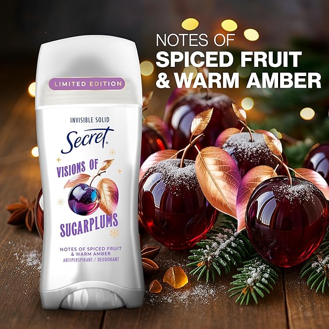 Secret Fresh Antiperspirant Deodorant for Women, 72hr Breathable Odor Protection with Pro-Hyaluronic Acid, Holiday Invisible Solid, Visions of Sugarplums with Spiced Fruit & Warm Amber Scent, 2.6 oz