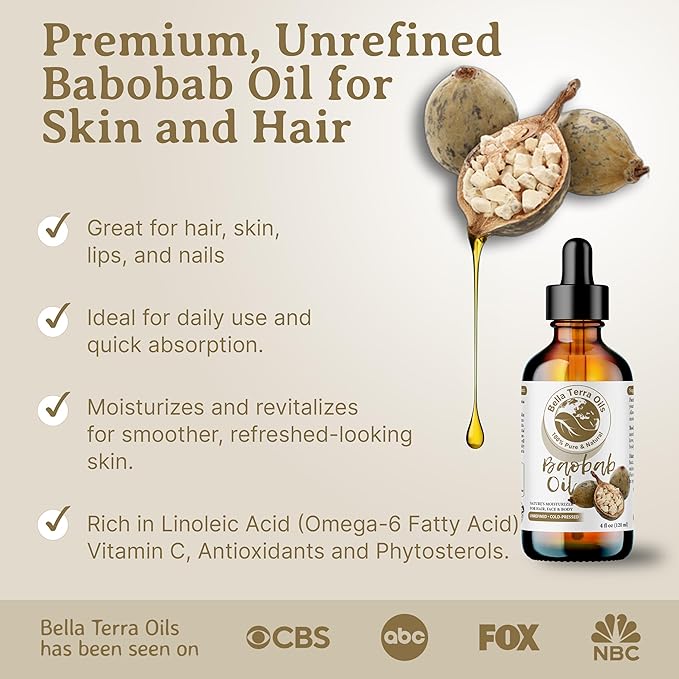 Bella Terra Oils - Baobab Oil 16oz - The Ultimate Choice for Skin Hydration, A Symphony of Amino Acids & Essential Minerals for Your Skin