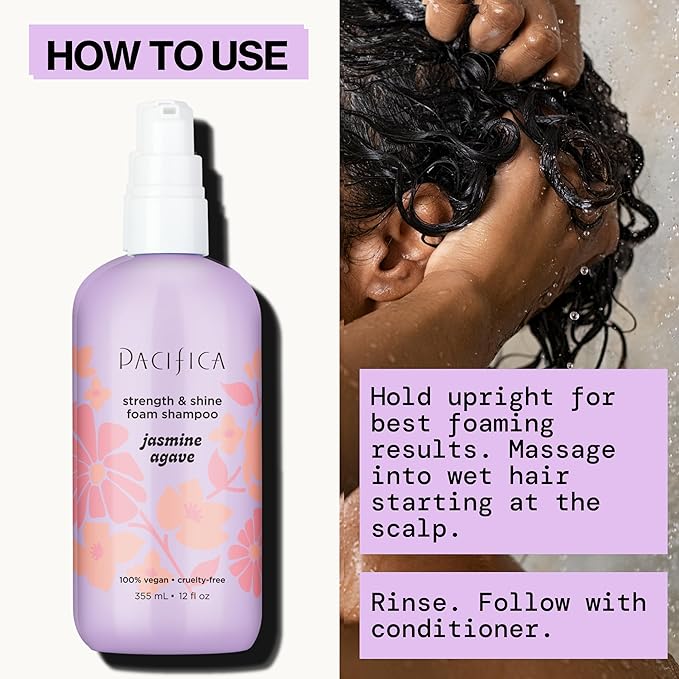 Pacifica Jasmine Agave Strength & Shine Foaming Shampoo – Repairing Foam Shampoo for Dry, Damaged or Bleached Hair, Deep Clean & Glossy Finish, Clean Beauty Vegan & Cruelty-Free Dermatologist Tested