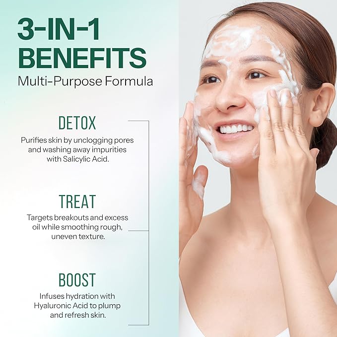 Facial Cleanser with Hyaluronic & Salicylic Acid – 3-in-1: Detox, Treat, Boost – Foaming Face Wash For Oily & Acne-Prone Skin – Dermatologist Tested, – Clean Beauty – 5.07 Fl Oz
