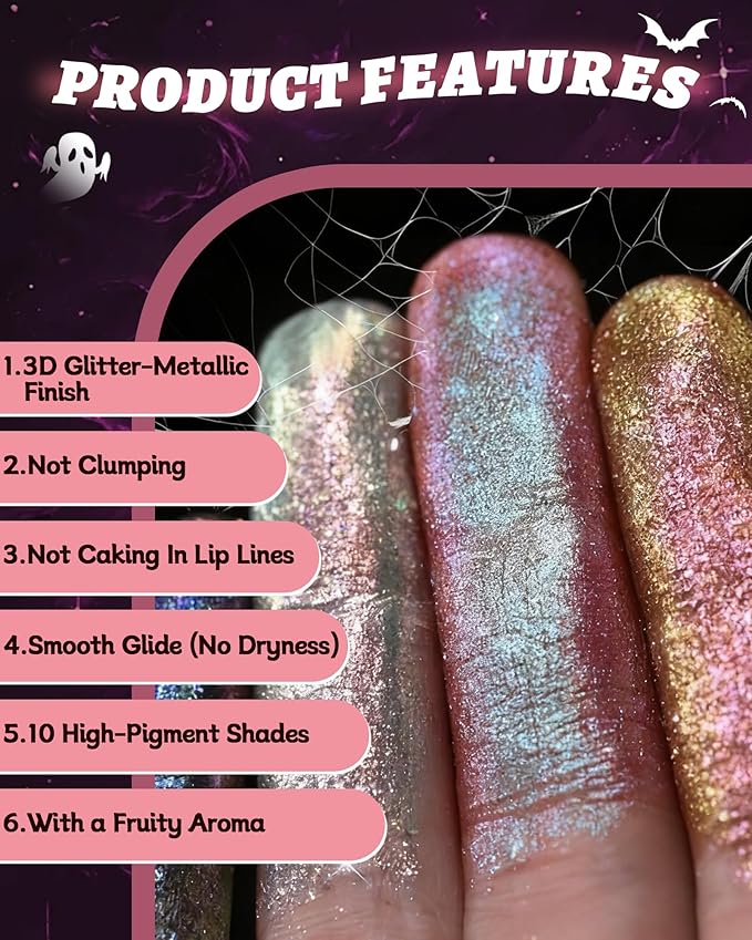 Glitter Metallic Shimmer Lipstick, Dark Plum Lipstick Long Lasting, Diamond High Pigmented Shiny Metallic Lip Stick, Non-sticky Sparkly Purple Lipsticks for Women Christmas Makeup-10 Dark Plum