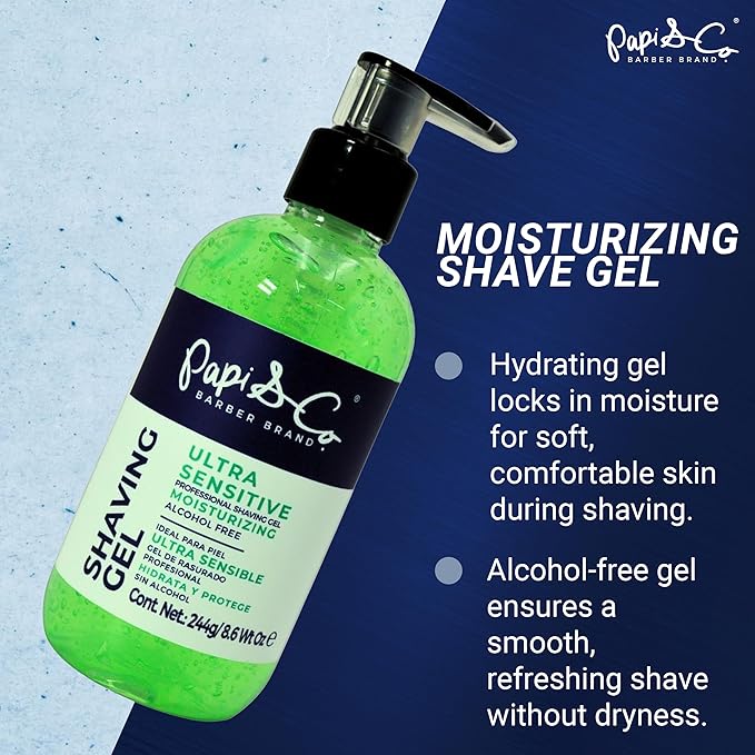 Papi & Co. Shave Gel Men – Sensitive Skin Shaving Gel with Brazilian Mint Oil – Clear Non-Foaming Formula for Beard and Mustache – Moisturizing Barber Grooming Skincare, Alcohol-Free – 8.6oz