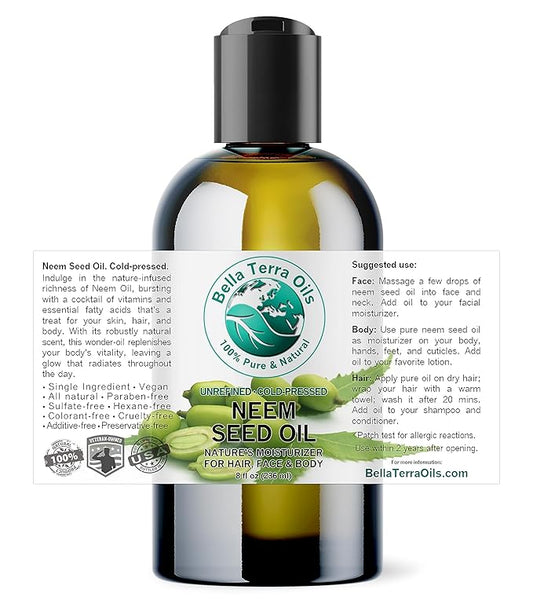 Bella Terra Oils - Organic Neem Seed Oil 8 oz - Harnessing the Power of Organic Neem Seeds, Rich in Stearic Acid, A Luxurious Elixir for Natural Skin Care