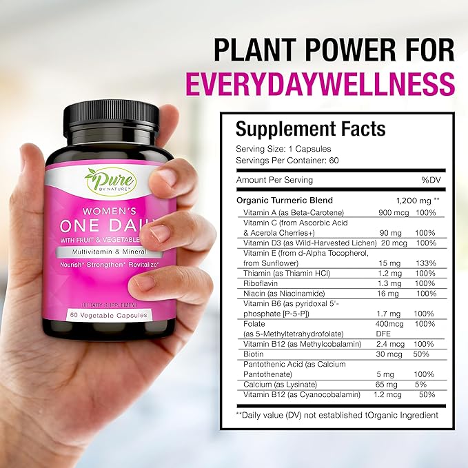 Pure By Nature One-Daily Multivitamin for Women, Immune Support Supplement with Non-GMO Ingredient, Vitamin & Minerals for Energy, 60 Veggie Capsules
