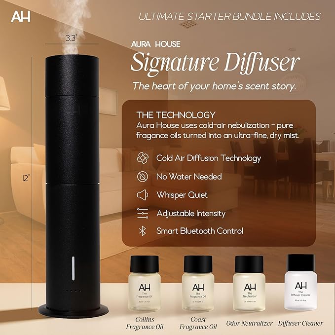 Aura House Ultimate Diffuser Kit – Smart Bluetooth Cold-Air Diffuser with Fragrance Oils, Cleaner & Neutralizer – Complete, Effortless Home Scent System
