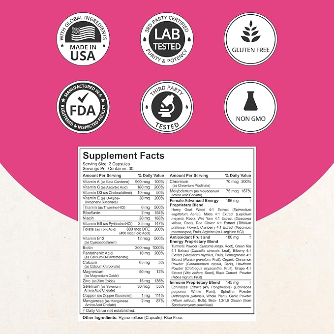 Multivitamin for Women with 39 Key Nutrients, Essential Vitamins, Minerals, Horny Goat Weed, Maca, Wild Yam, Red Clover, Cranberry, Arginine, Herbal Supplement | 60 Vegan Capsules | 1 Month Supply
