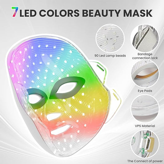 7-1 Colors LED Facial Skin Care Mask,Red Light Mask for Face, Cordless Led Face Mask Light,Salon or Home,White.