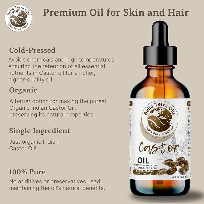 Bella Terra Oils - Organic Castor Oil 2oz Glass Bottle - Pure & Cold-Pressed, Rich in Stearic Acid for Skin & Hair Care