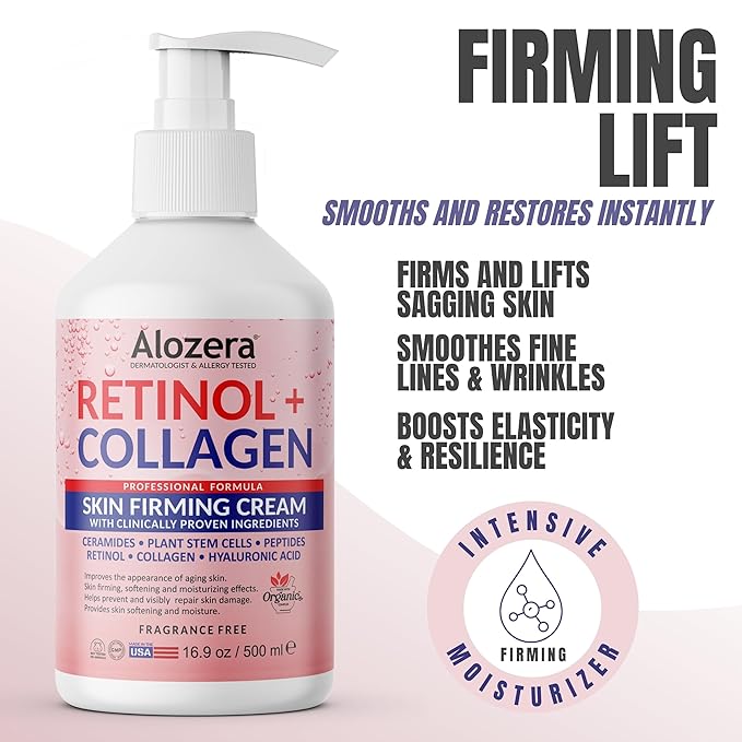 Skin Firming Retinol Collagen Body Lotion with Stem Cells for Aging Skin and Wrinkles, Non-Greasy, Lightweight Moisturizer, Fragrance-Free, 16.9 oz
