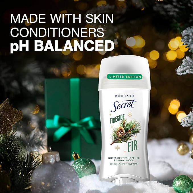 Secret Fresh Antiperspirant Deodorant for Women, 72hr Breathable Odor Protection with Pro-Hyaluronic Acid, Holiday Invisible Solid, Fireside Fir with Fresh Spruce & Sandalwood Scent, 2.6 oz