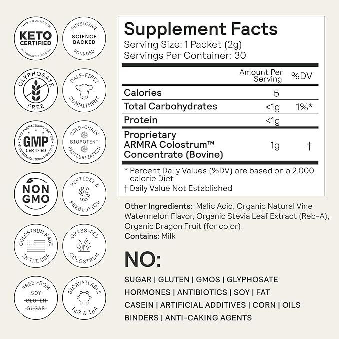 ARMRA Colostrum™ Powder | Vine Watermelon | Gut Health & Bloating | Skin & Hair | Immunity | Keto, Gluten & Fat-Free | 60 Servings