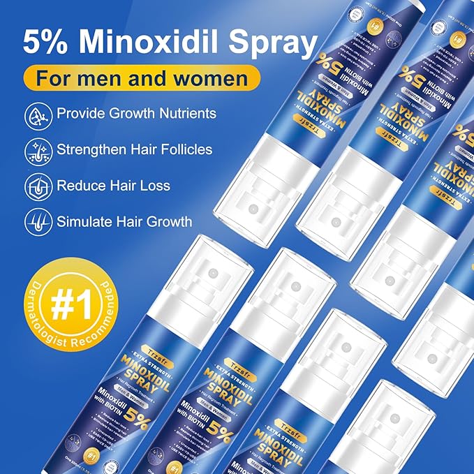 5% Minoxidil Spray for Men & Women - Hair Growth Serum & Hair Regrowth Treatment | Extra Strength with Biotin | 12-Month Supply 8-Pack (28 fl oz) | Clinically Proven for Hair Loss & beard growth