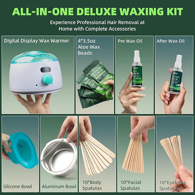 Waxing Kit for Women Men - Premium Digital Wax Melt Warmer Kit for Sensitive Skin Coarse Hair Removal - 14oz Hard Wax Beads & Silicone Liner - for Bikini Brazilian Body Face Leg - Home Wax Kit