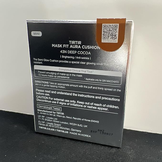 [*Mini Size*] TIRTIR Aura Glow Silver Cushion | Korean Cushion Foundation, (#43N Deep Cocoa, 0.15 Fl Oz)