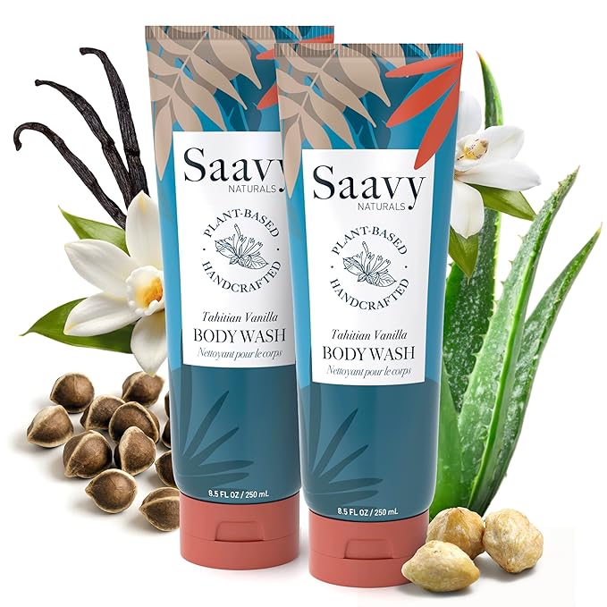 Saavy Naturals Body Wash Tahitian Vanilla Plant-Based Ingredients| Made In USA | Sensitive Skin Body Wash, l Organic & Vegan Formula With Coconut Oil, Shea Butter, And Aloe Vera - 8.5 Fl Oz, 2 Pack